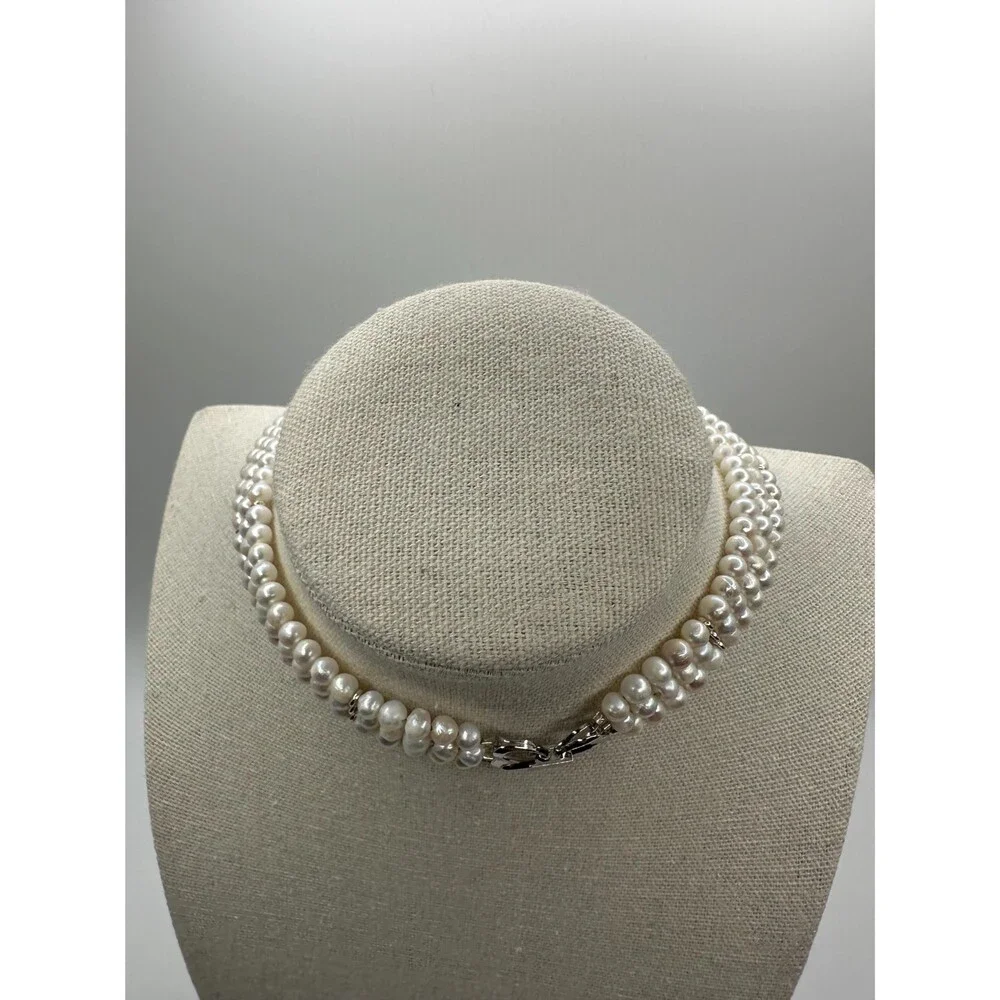 Triple-Strand Freshwater Pearl Collar, 925 sterling silver, White natural pearl